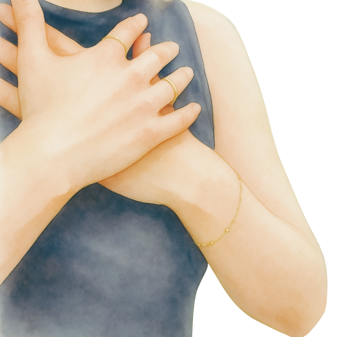 Watercolour photograph of hands crossed over a heart — a gesture of holding.
